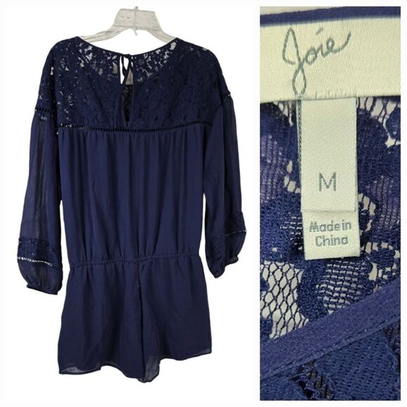 Joie Navy Jevin Silk Romper Pockets Long Sheer Sleeves Floral Lace Short Jumper - Picture 15 of 15